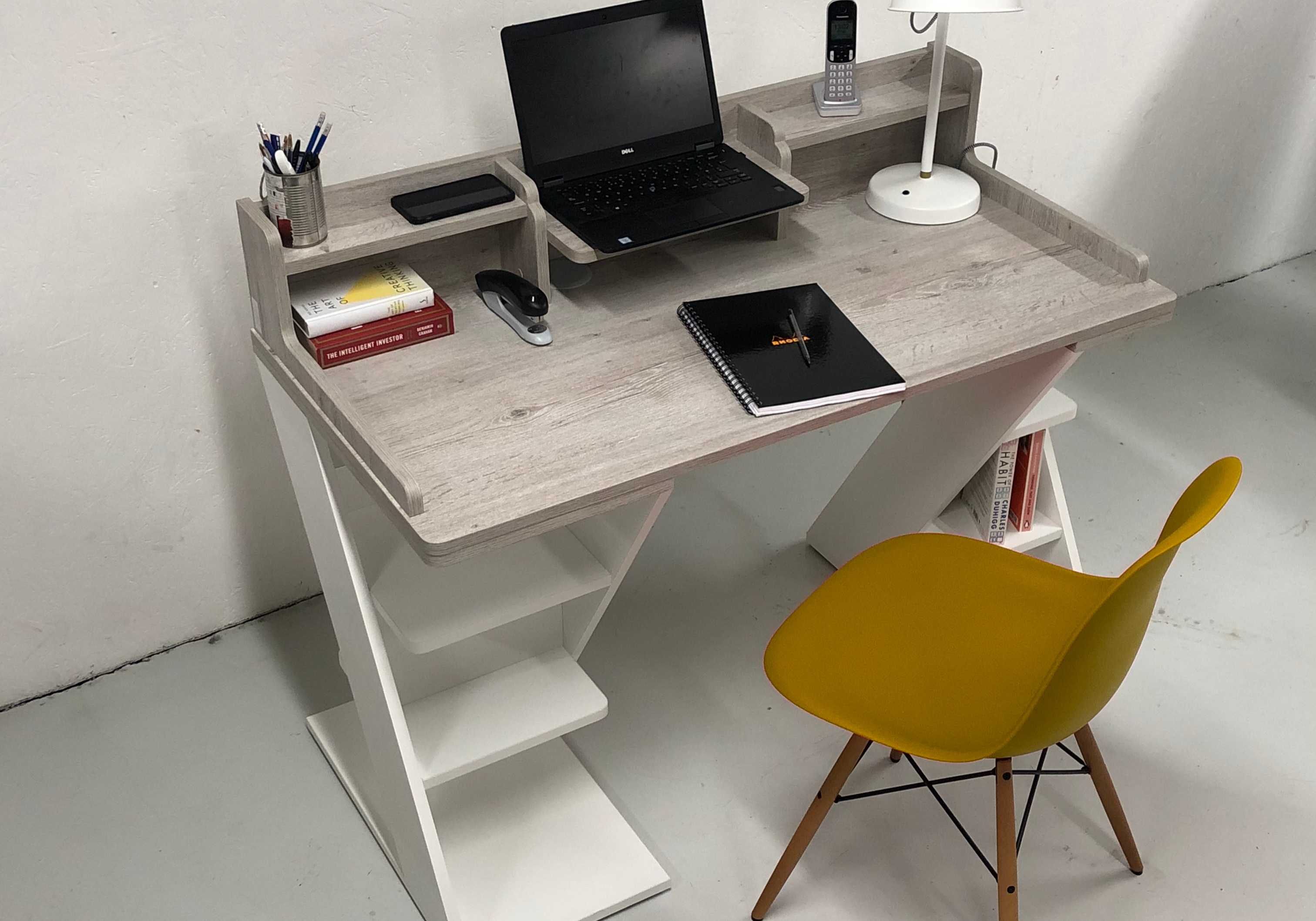 desk in oak and white with a yellow chair